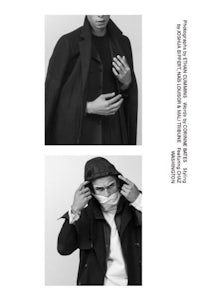 a black and white photo of a man wearing a coat and a mask